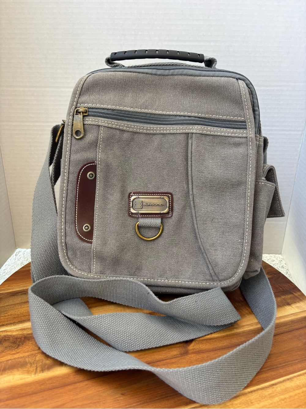Sunsome Gray Canvas Messenger Bag with Brown Trim